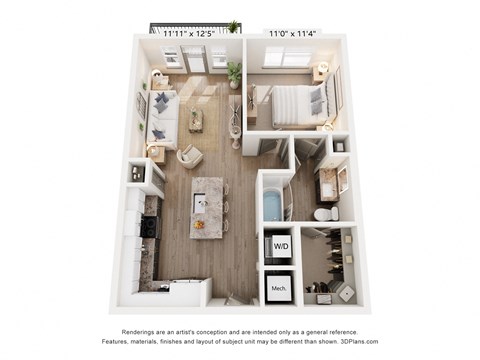 Floor plan for 1 bed, 1 bath, 723 sqft